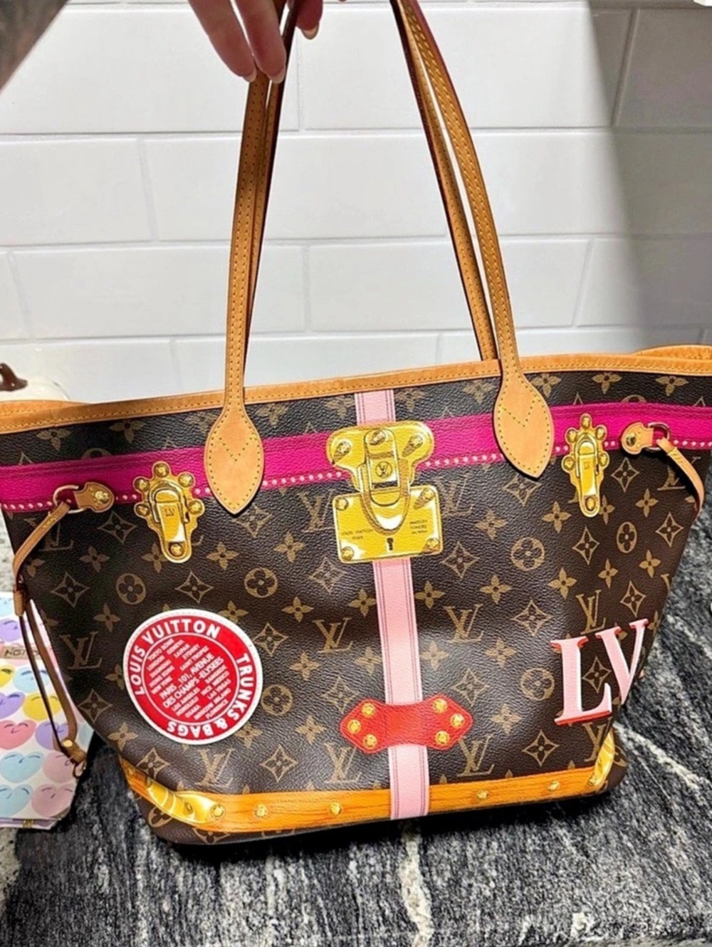 Louis Vuitton Monogram Summer Trunks Neverfull MM Tote Brown & Pink